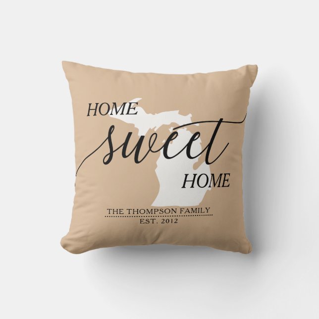 Michigan Home Sweet Home Family Name Throw Pillow (Front)