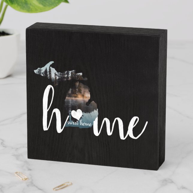 Michigan Home Sweet Home Lake Photo With Heart Wooden Box Sign (In Situ Horizontal)