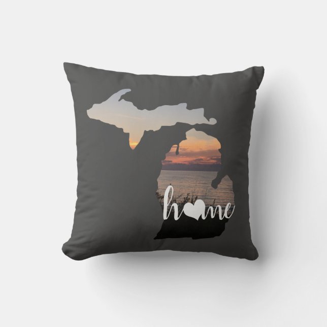 Michigan Home Typography With Heart Throw Pillow (Front)