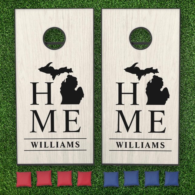 Michigan Home White Wood Grain Custom Monogram Cornhole Set (Creator Uploaded)