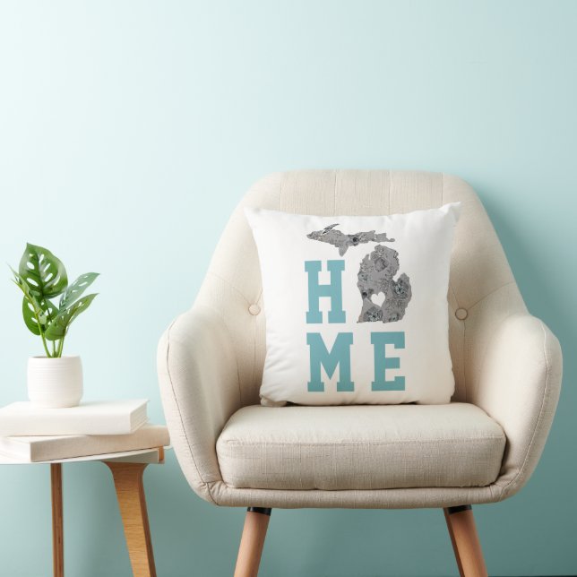 Michigan Home With Gray And Blue Poppies Throw Pillow (Chair)
