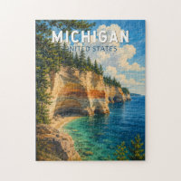 Michigan Illustration Travel Art Vintage