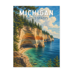 Michigan Illustration Travel Art Vintage Postcard