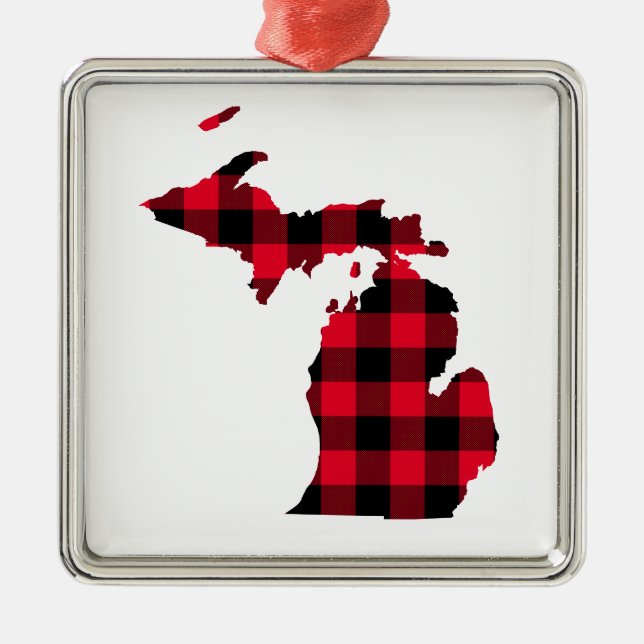Michigan in Red and Black Buffalo Plaid Metal Ornament (Front)