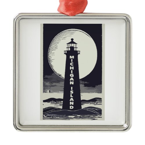 Michigan Island Lighthouse Moon Metal Ornament