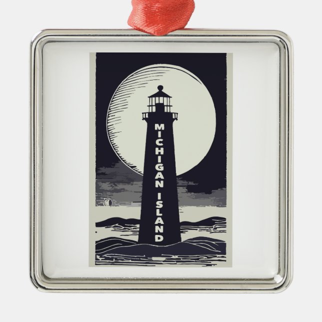 Michigan Island Lighthouse Moon Metal Ornament (Front)