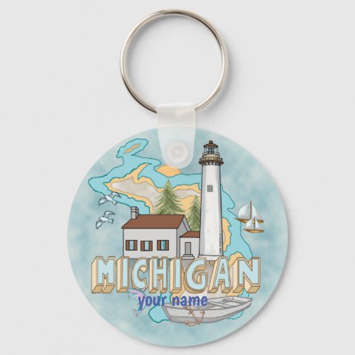 Michigan Lighthouse custom name keychain