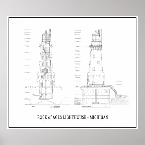 MICHIGAN LIGHTHOUSE ROCK of AGES BLUEPRINT Poster