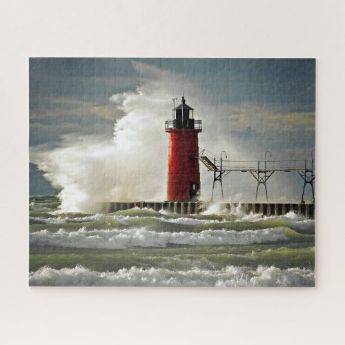 Michigan lighthouse with big wave jigsaw puzzle