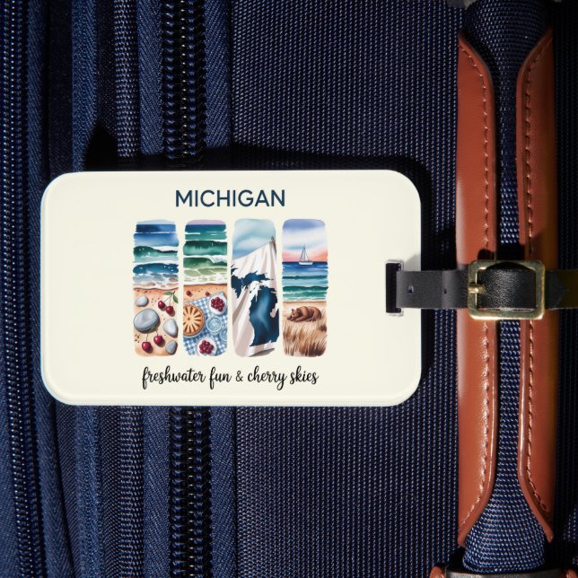 Michigan Luggage Tag – Fresh Water & Cherry Skies (Front Insitu 4)