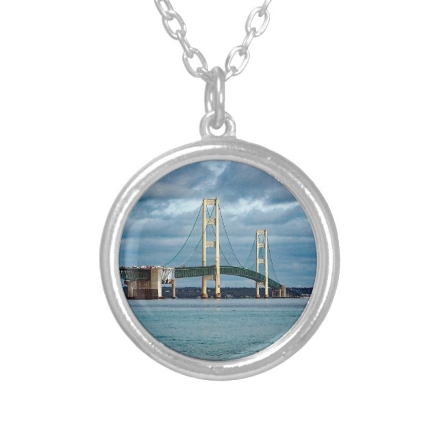 Michigan Mackinac Bridge Photo Silver Plated Necklace (Front)