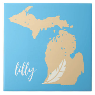 Michigan Map Feather Custom Name Blue Tan Ceramic Tile
