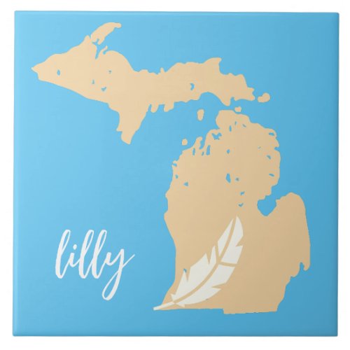 Michigan Map Feather Custom Name Blue Tan Ceramic Tile