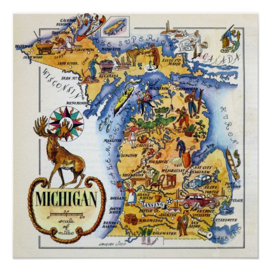 Michigan Map from the 1940s Poster | Zazzle.com