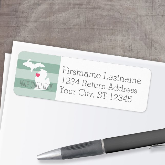 Michigan Map Home State Love with Custom Heart Label (Personalized Mailing Label with Return Address and State Map - Low Minimum)