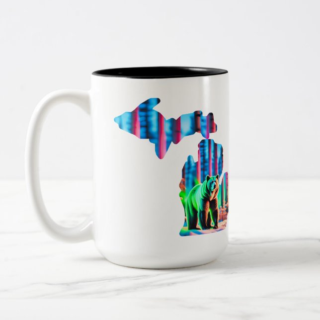 Michigan Map outline design on mug with BEAR (Left)