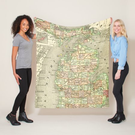 Michigan Map Retro Vintage Great Lakes Travel Fleece Blanket