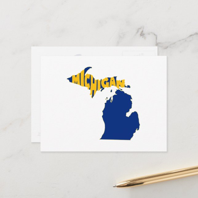 Michigan Map Shaped Word Art Wolverine State Blue Postcard (Front/Back In Situ)