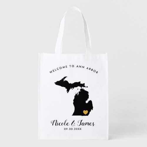 Michigan Map Wedding Welcome Bag Black  Gold Tote