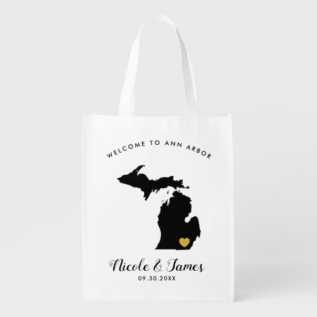 Michigan Map Wedding Welcome Bag Black & Gold Tote (Front)