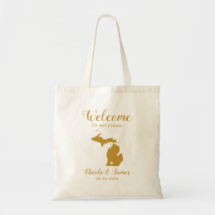 Michigan Map Wedding Welcome Bag, Gold Tote Bag