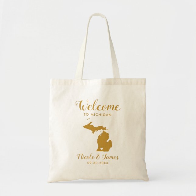 Michigan Map Wedding Welcome Bag, Gold Tote Bag (Front)