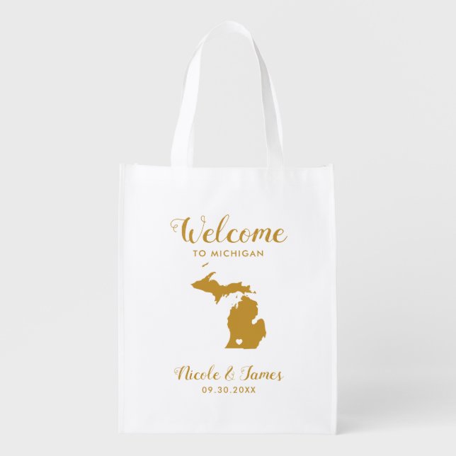 Michigan Map Wedding Welcome Bag, Gold Tote Bag (Front)