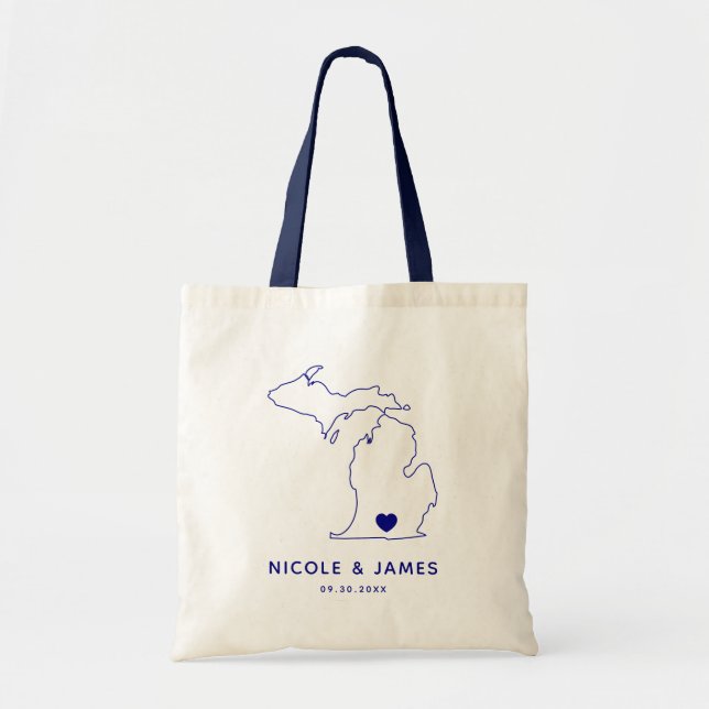 Michigan Map Wedding Welcome Bag Tote, Navy (Front)