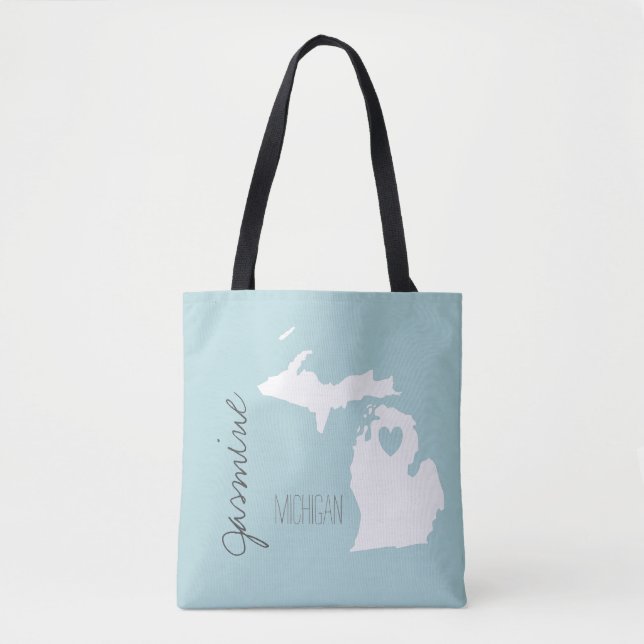 Michigan map with heart personalize name tote bag (Front)