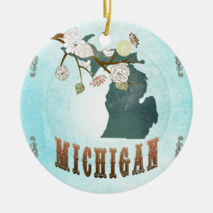 Michigan Map With Lovely Birds Ceramic Ornament