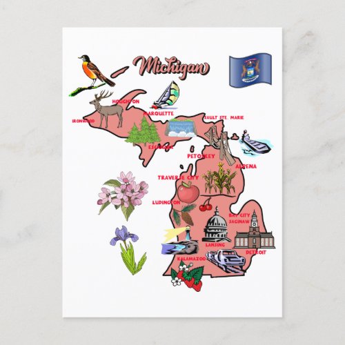 Michigan map with major cities postcard