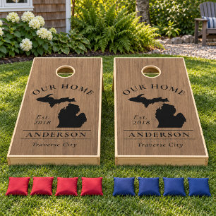 Michigan Our Home Brown Wood Grain Custom Cornhole Set