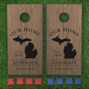 Michigan Our Home Brown Wood Grain Custom Cornhole Set
