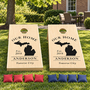 Michigan Our Home Light Wood Grain Custom Cornhole Set