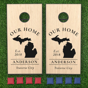 Michigan Our Home Light Wood Grain Custom Monogram Cornhole Set