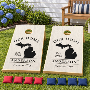 Michigan Our Home White Wood Grain Custom Cornhole Set