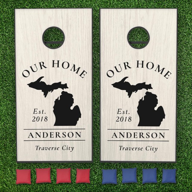 Michigan Our Home White Wood Grain Custom Monogram Cornhole Set (Creator Uploaded)