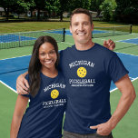 Michigan Pickleball Add Club Partner Name Custom T-Shirt<br><div class="desc">Show off your love of Michigan pickleball (easily change state name and shirt color) with this awesome pickleball shirt for clubs, teams, partners or everyday court wear. Just add your 3 lines of custom text to make a totally unique pickleball shirt. Great for tournaments, matching club shirts or to give...</div>