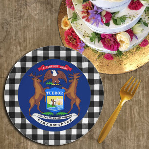 Michigan Plate, buffalo plaid USA & Michigan Flag Paper Plates