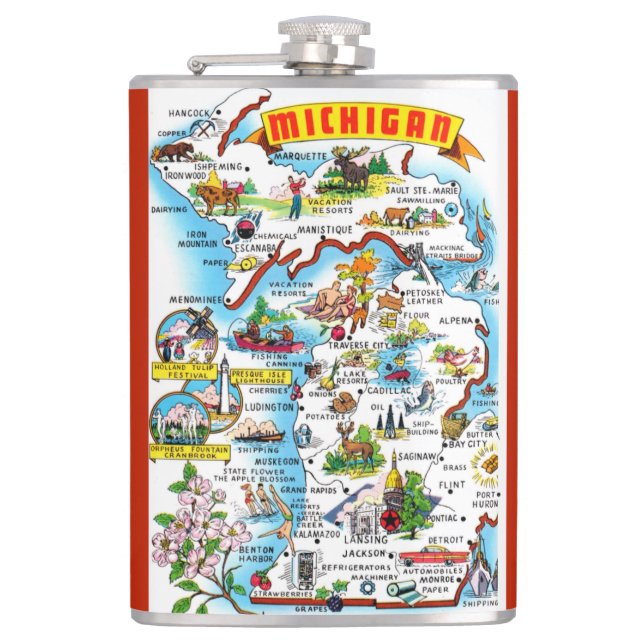 Michigan Postcard Map Flask (Front)