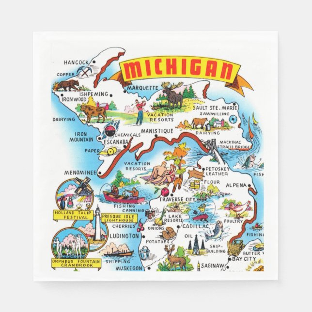 Michigan Postcard Map  Napkins (Front)