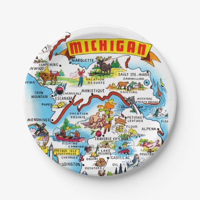 Michigan Postcard Map  Paper Plates (Front)