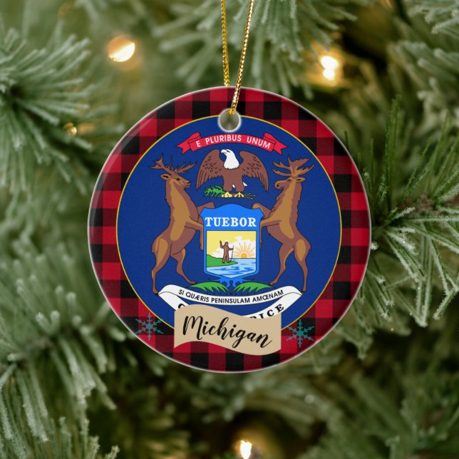 Michigan, Red buffalo plaid & Michigan Flag Ceramic Ornament (Tree)