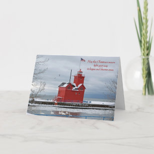 Michigan Red Lighthouse Christmas Holiday Card