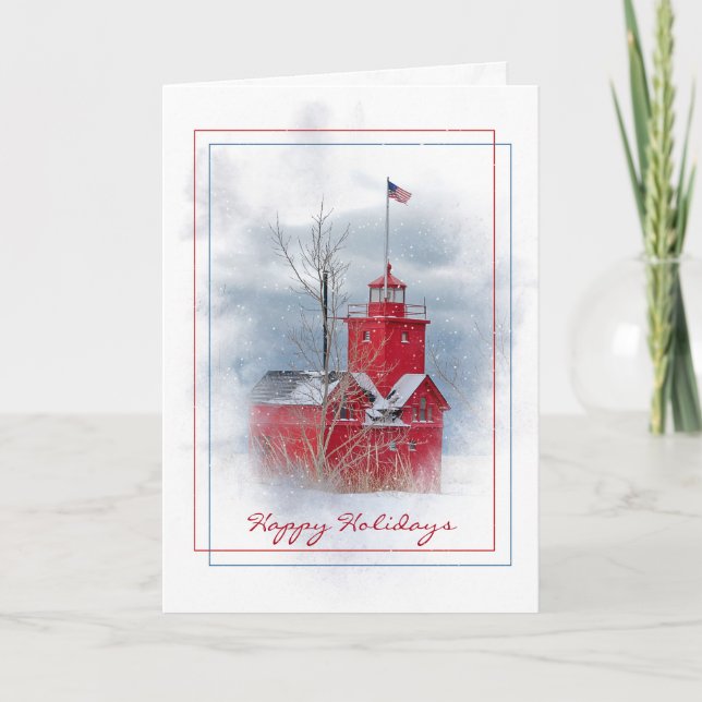 Michigan Red Lighthouse In Snow Holiday Card (Front)