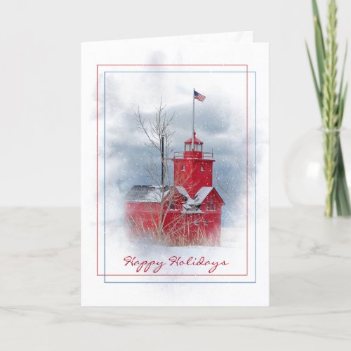 Michigan Red Lighthouse In Snow Holiday Card