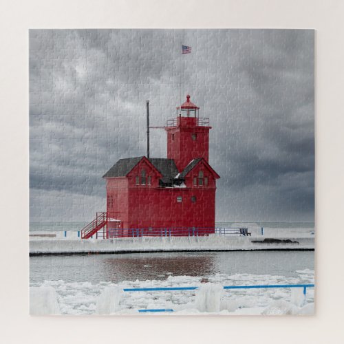Michigan Red Lighthouse in Winter Jigsaw Puzzle