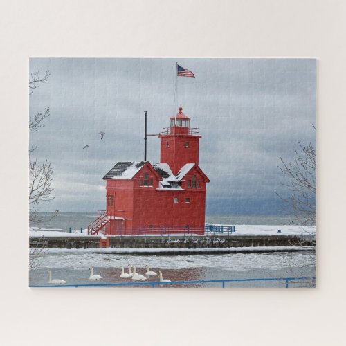 Michigan Red Lighthouse in winter Jigsaw Puzzle