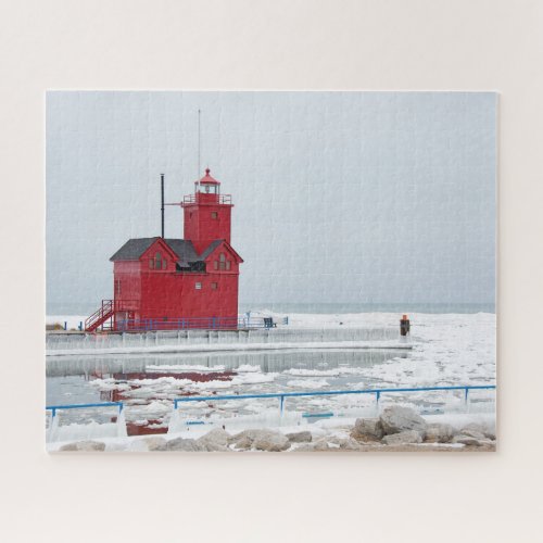 Michigan Red Lighthouse in winter Jigsaw Puzzle