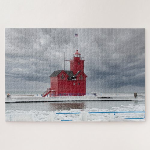 Michigan Red Lighthouse in Winter Jigsaw Puzzle